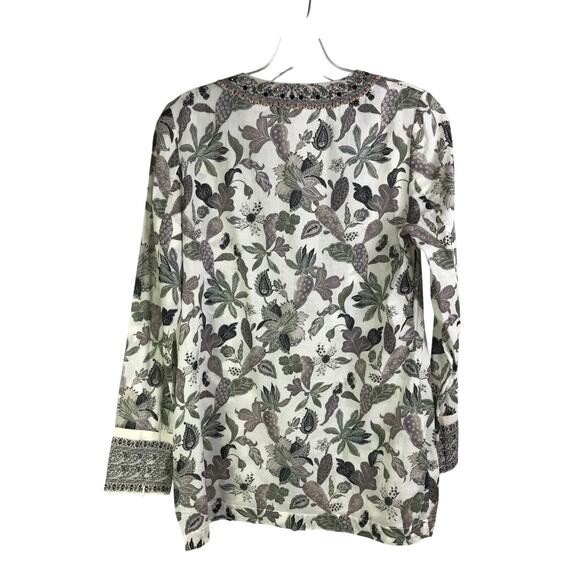 Tory Burch Embellished Botanical Print Tunic Blouse Size‎ 2 Cream Deep V-Neck - Picture 3 of 7